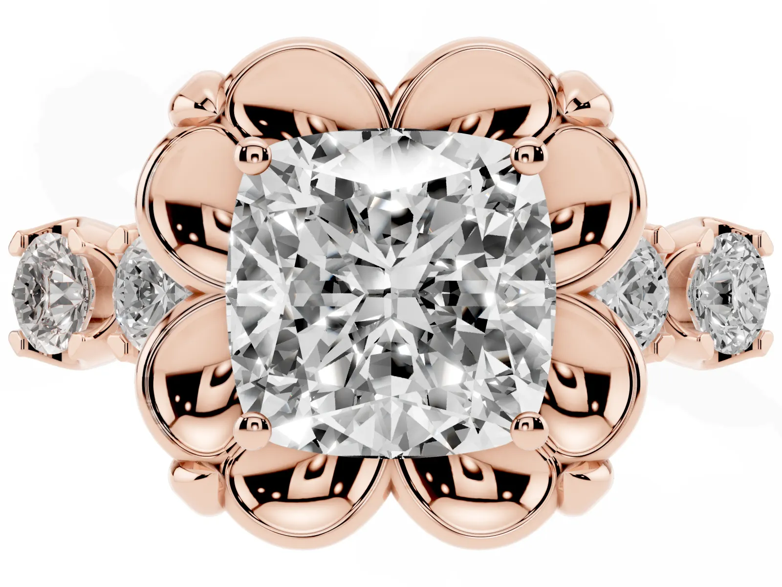 Cushion Cut Cut Diamond Floral Halo Engagement Ring with Shared Prong Setting Rose gold