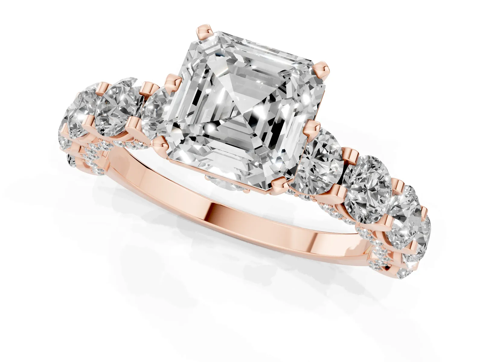 Asscher Cut Diamond Side Stone Engagement Ring with Four-Prong Setting Rose gold