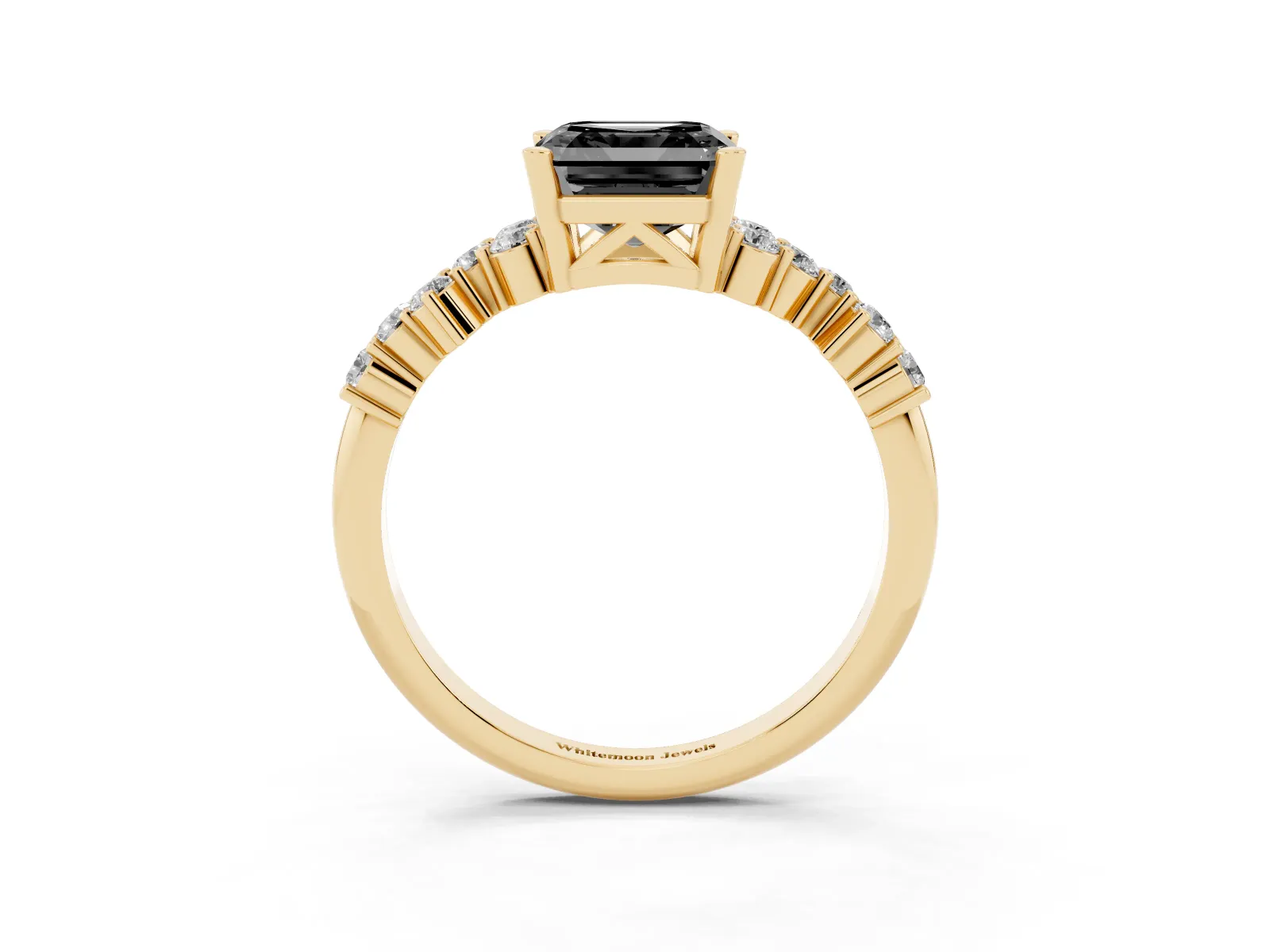 Fancy Black Asscher Cut Diamond Scattered Round Accent Ring with Prong Setting Yellow gold
