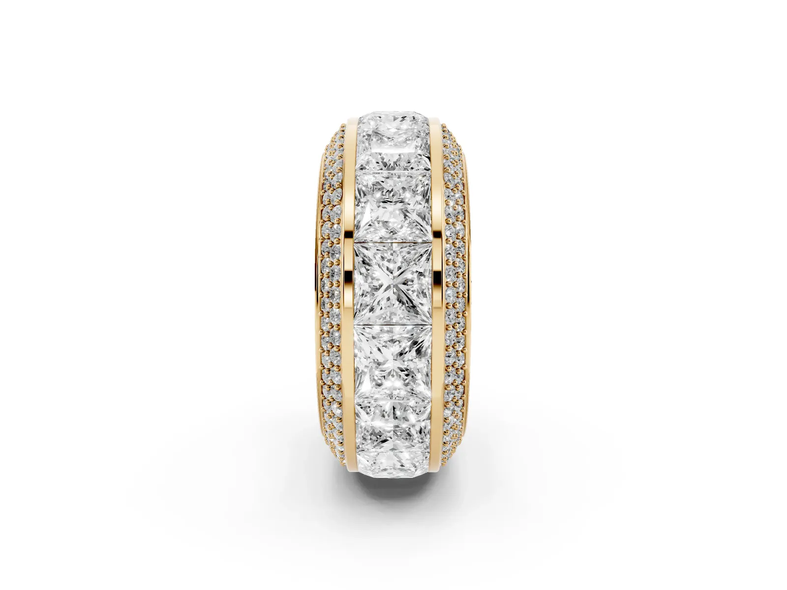 Princess Diamond Pavé Mens Wedding Band with Round Diamond Accents Yellow gold