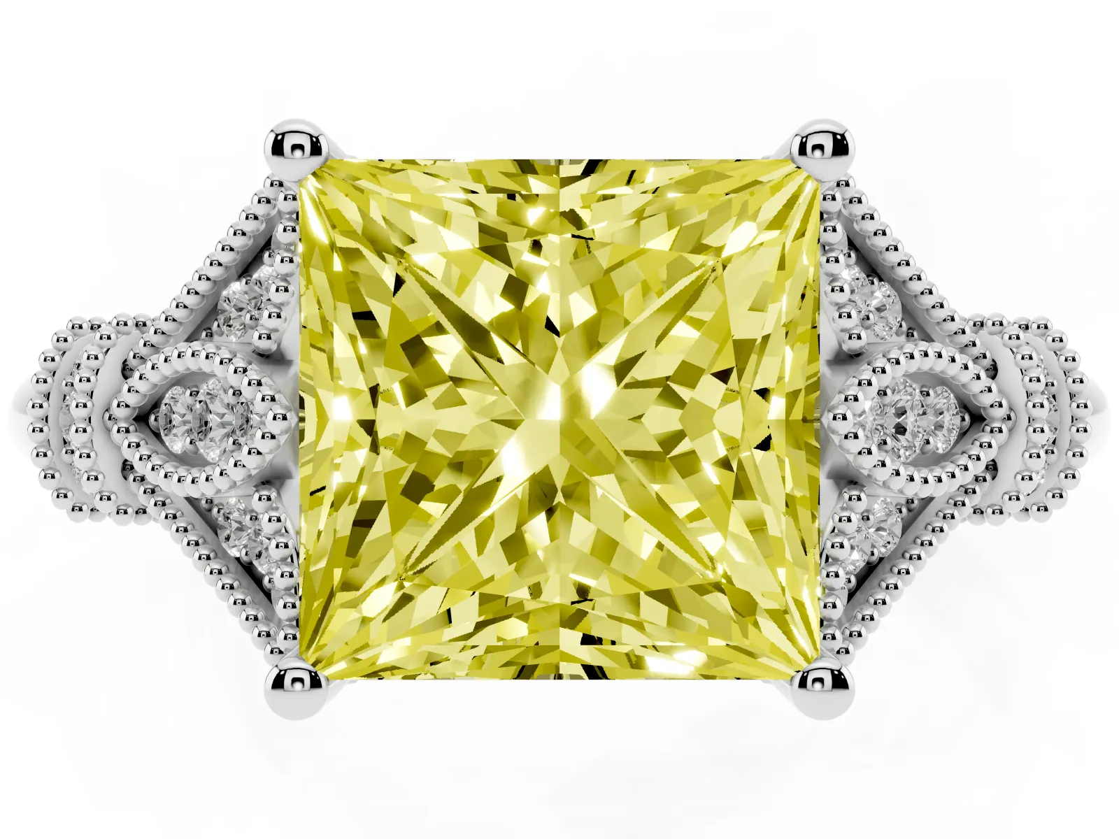 Fancy Yellow Princess Cut Diamond Solitaire Ring with Floral Filigree and Pave Accents Platinum