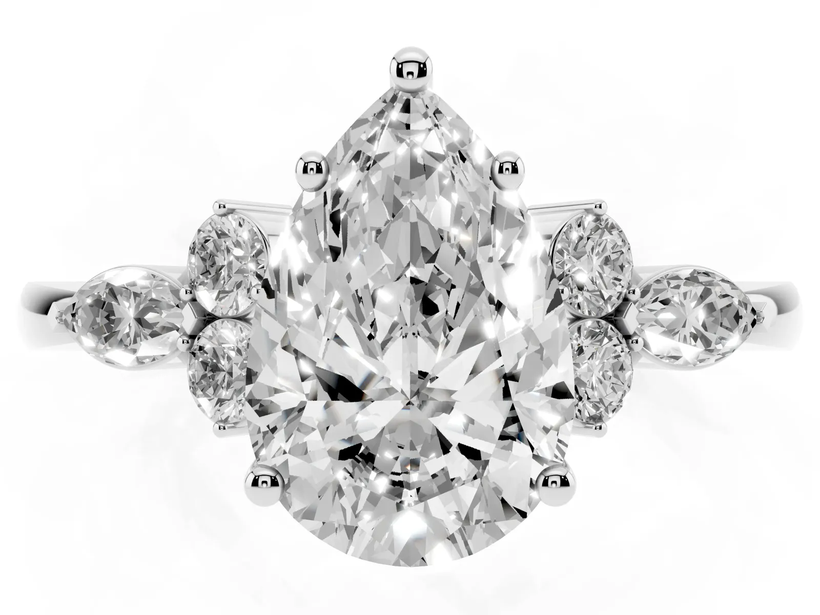 Pear Cut Brilliant Diamond Solitaire Ring with Pear Side Stones and Four-Prong Setting Platinum