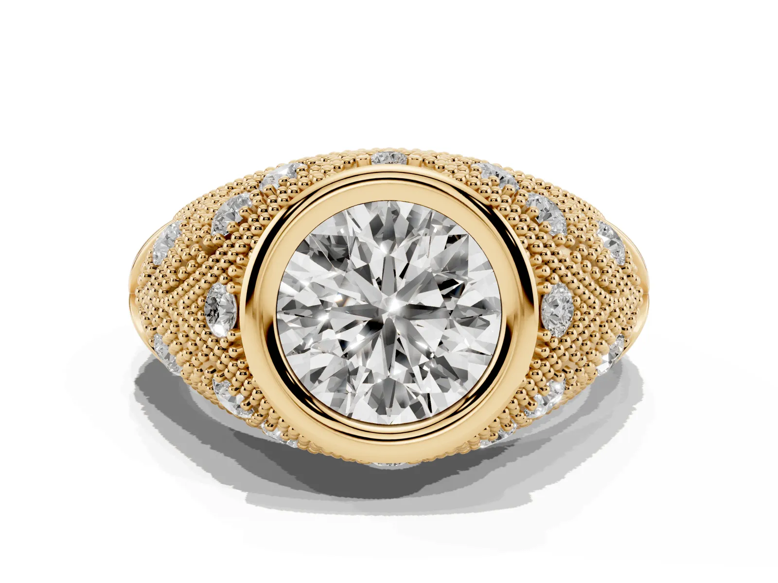 Bezel Set Round Cut Diamond Milgrain Band Ring Yellow gold