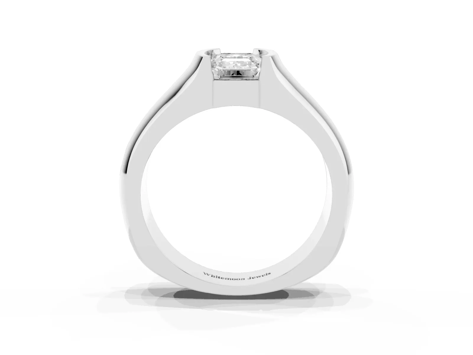 Emerald Cut Solitaire Bezel Set Diamond Ring with Wide Band Platinum