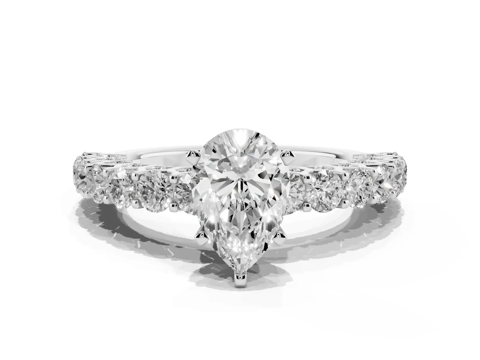Pear Cut Diamond Solitaire Ring with Shared Prong Pavé Band and Four-Prong Setting White gold