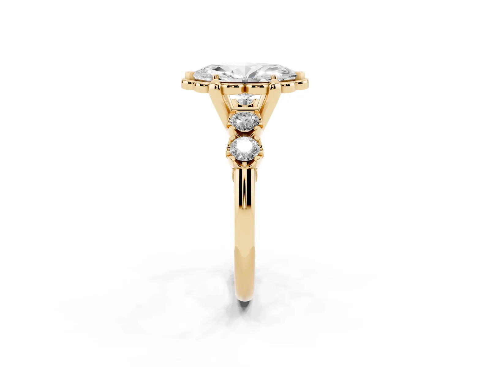 Marquise Cut Cut Diamond Floral Halo Engagement Ring with Shared Prong Setting Yellow gold