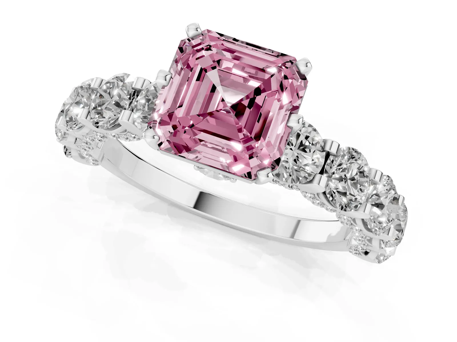 Fancy Pink Asscher Cut Diamond Side Stone Engagement Ring with Four-Prong Setting Platinum