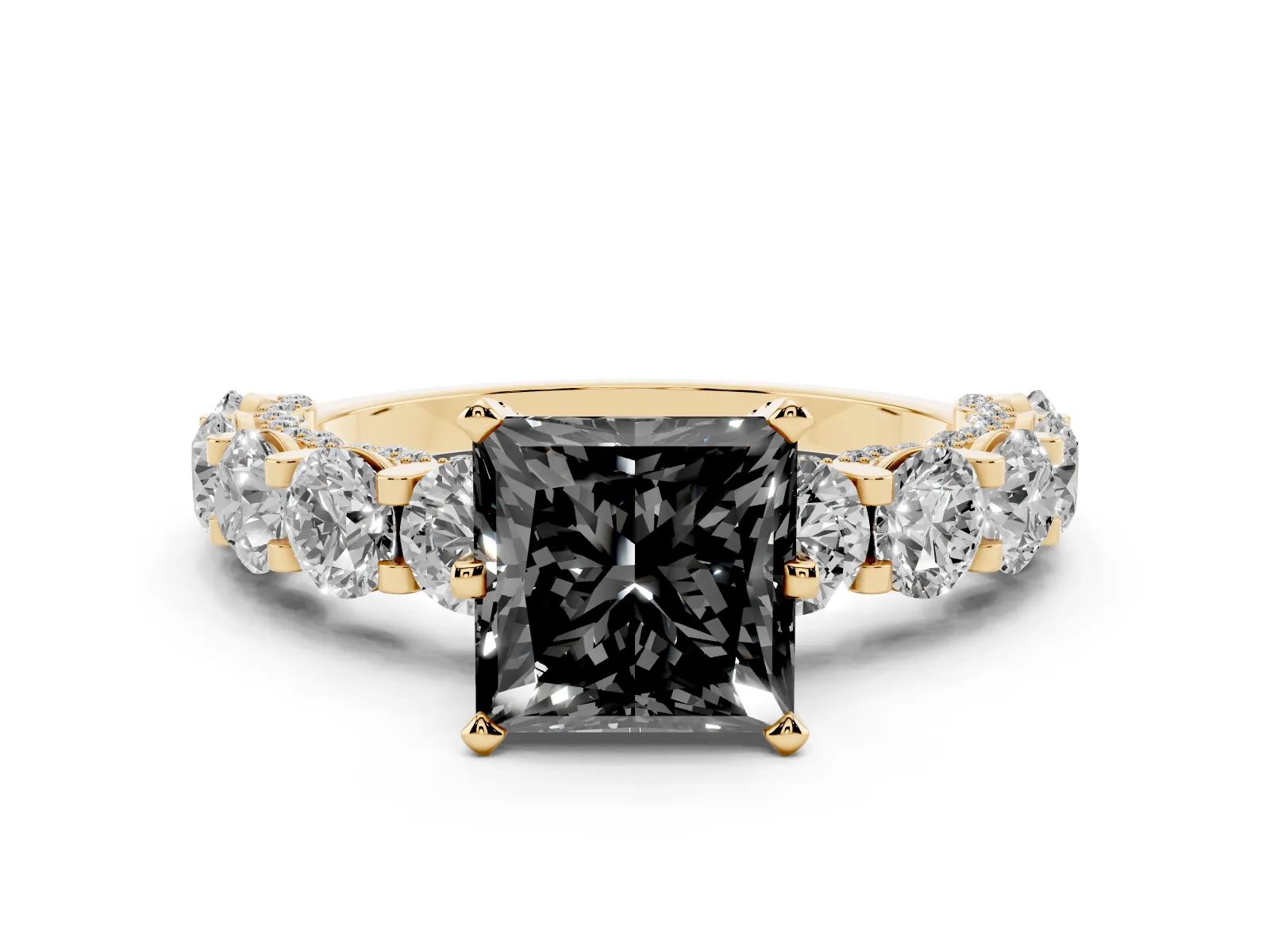 Fancy Black Princess Cut Diamond Side Stone Engagement Ring with Four-Prong Setting Yellow gold