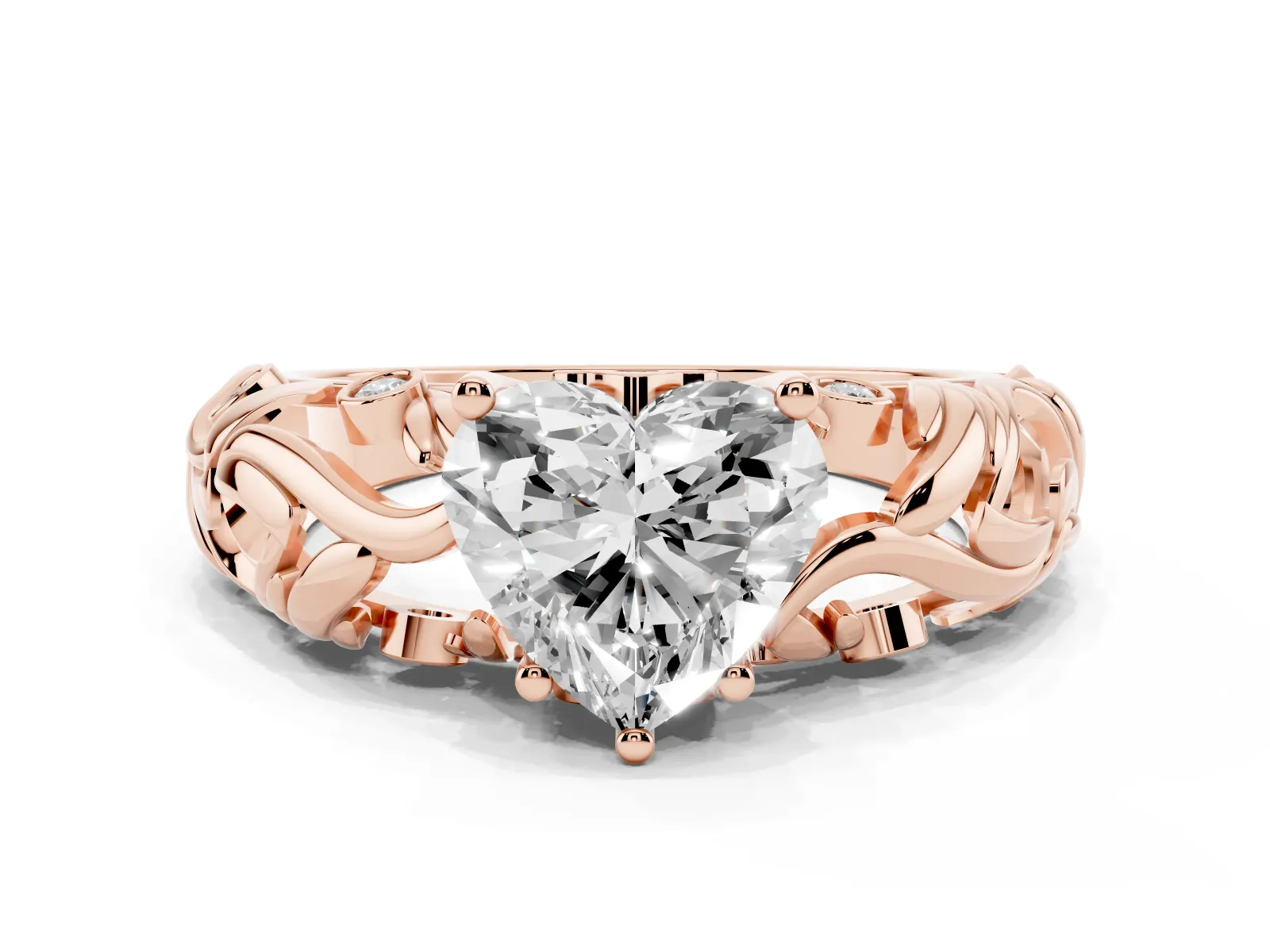 Heart Cut Solitaire Diamond Leaf-Inspired Vine Band Ring with Prong Setting Rose gold