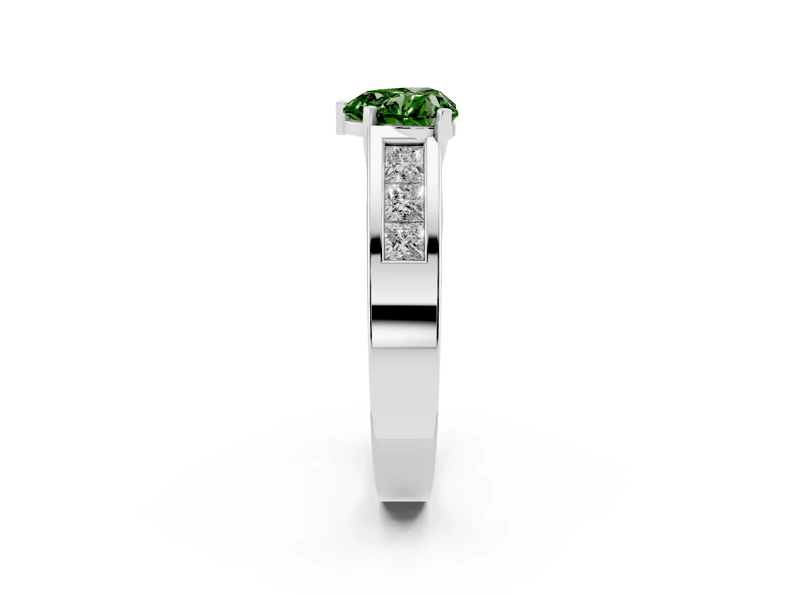 Fancy Green Heart Cut Cut Channel Set Solitaire Ring with Four-Prong Setting White gold