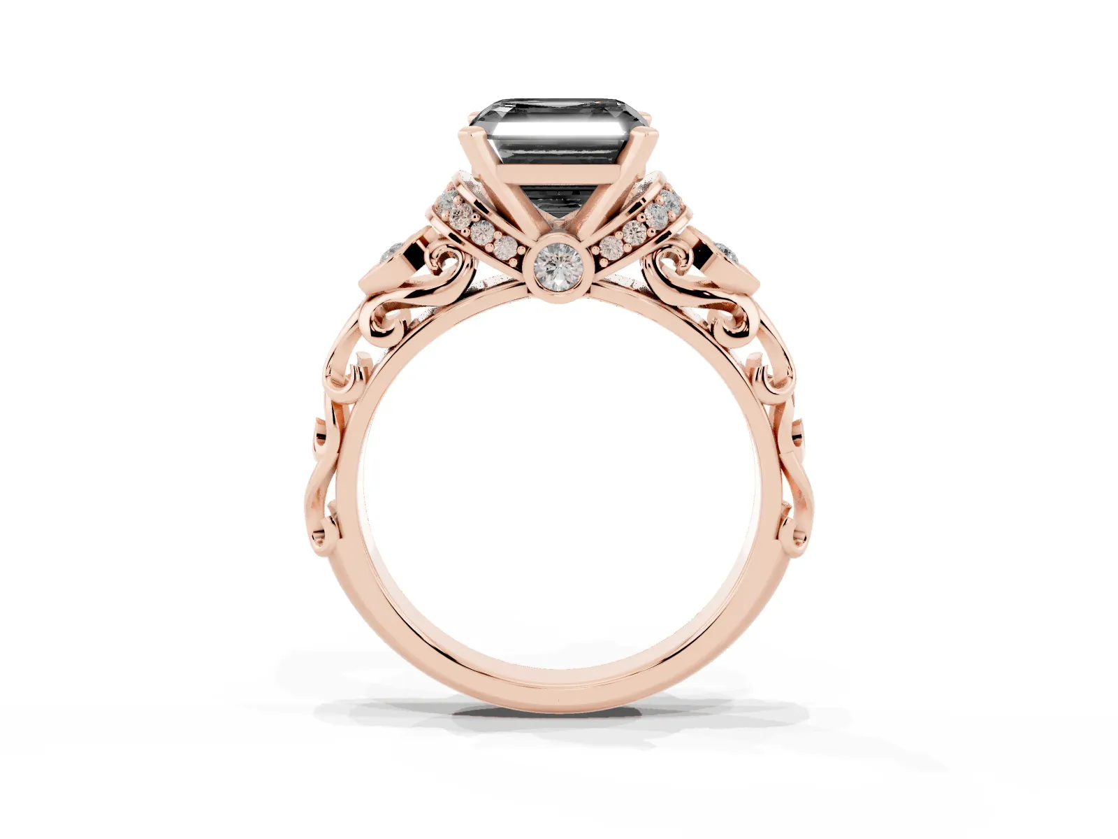 Fancy Black Asscher Cut Diamond Solitaire Ring with Filigree Band and Four-Prong Setting Rose gold