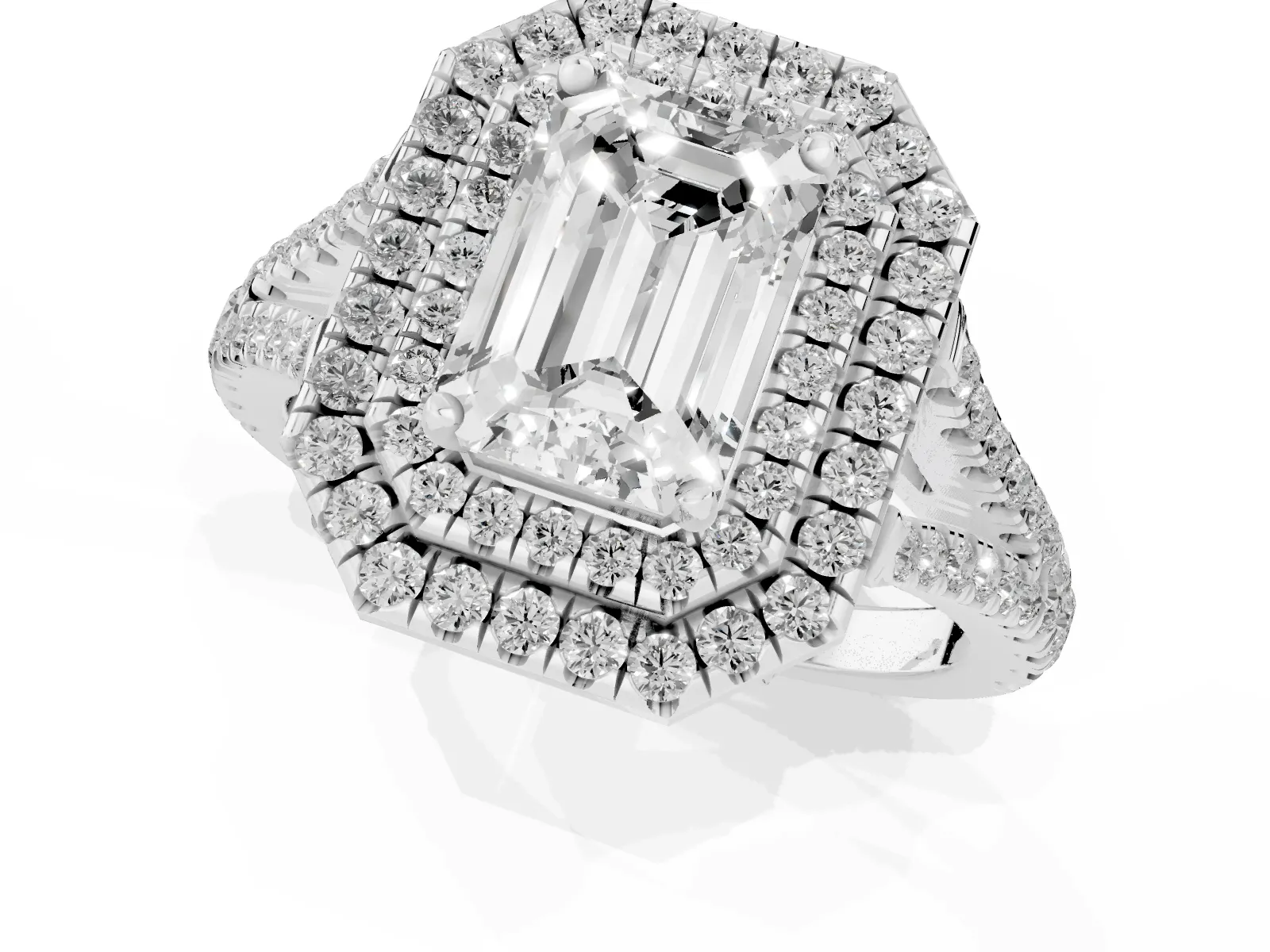 Emerald Cut Diamond Double Halo Ring with Pavé Band and Prong Setting Platinum
