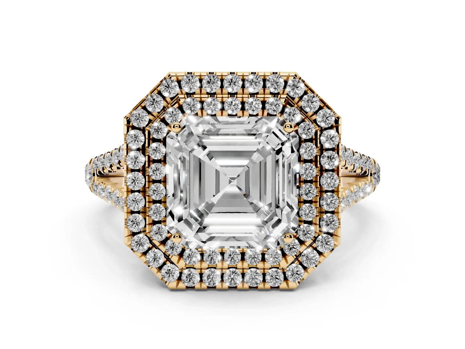 Asscher Cut Diamond Double Halo Ring with Pavé Band and Prong Setting Yellow gold