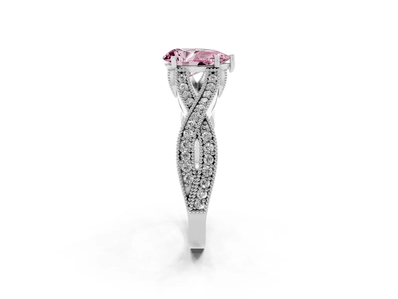 Fancy Pink Pear Cut Cut Diamond Twisted Band with Milgrain Pave Setting and Four-Prong Setting Platinum