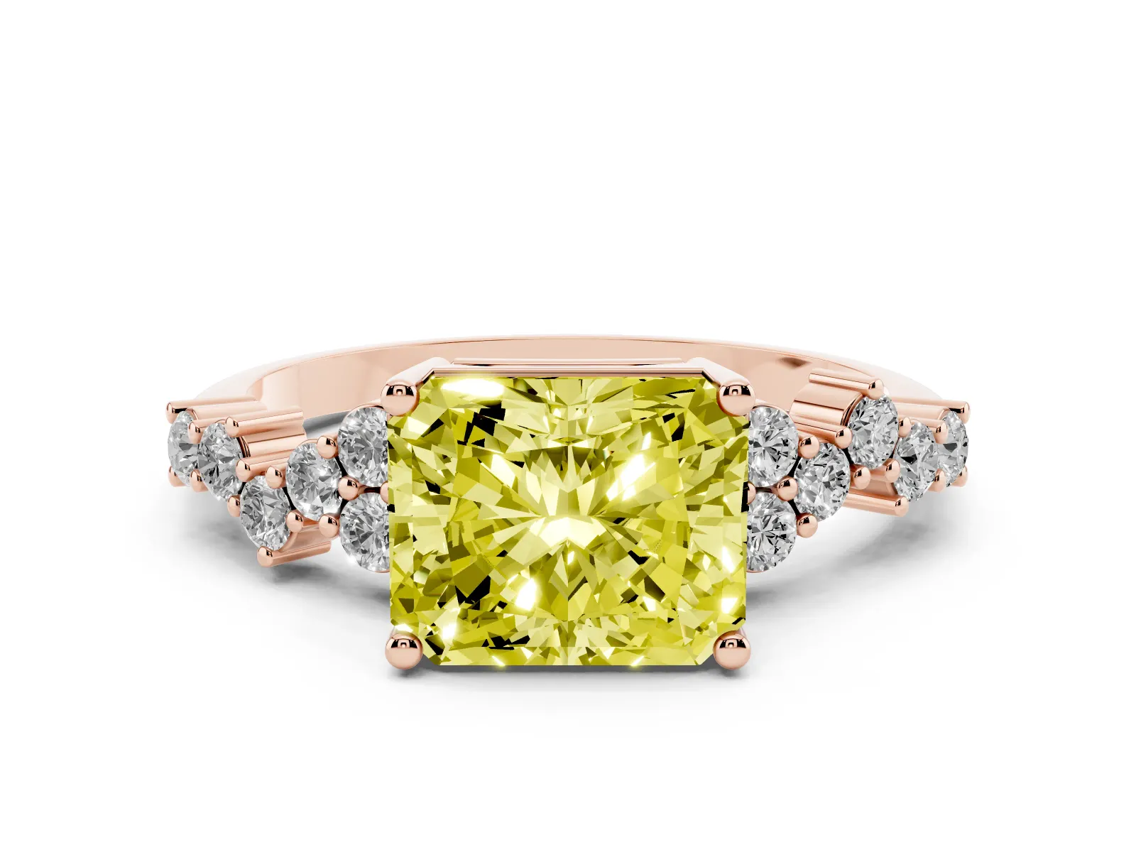 Fancy Yellow Radiant Cut Diamond Scattered Round Accent Ring with Prong Setting Rose gold