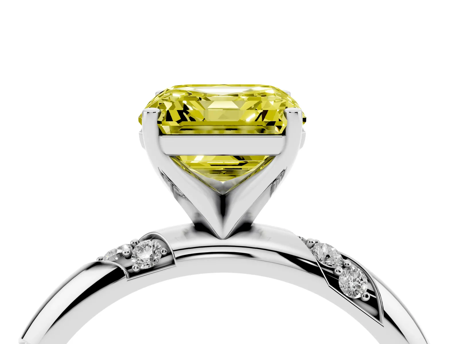 Fancy Yellow Asscher Cut Diamond Solitaire Engagement Ring with Twisted Round Accent Band and Prong Setting Platinum
