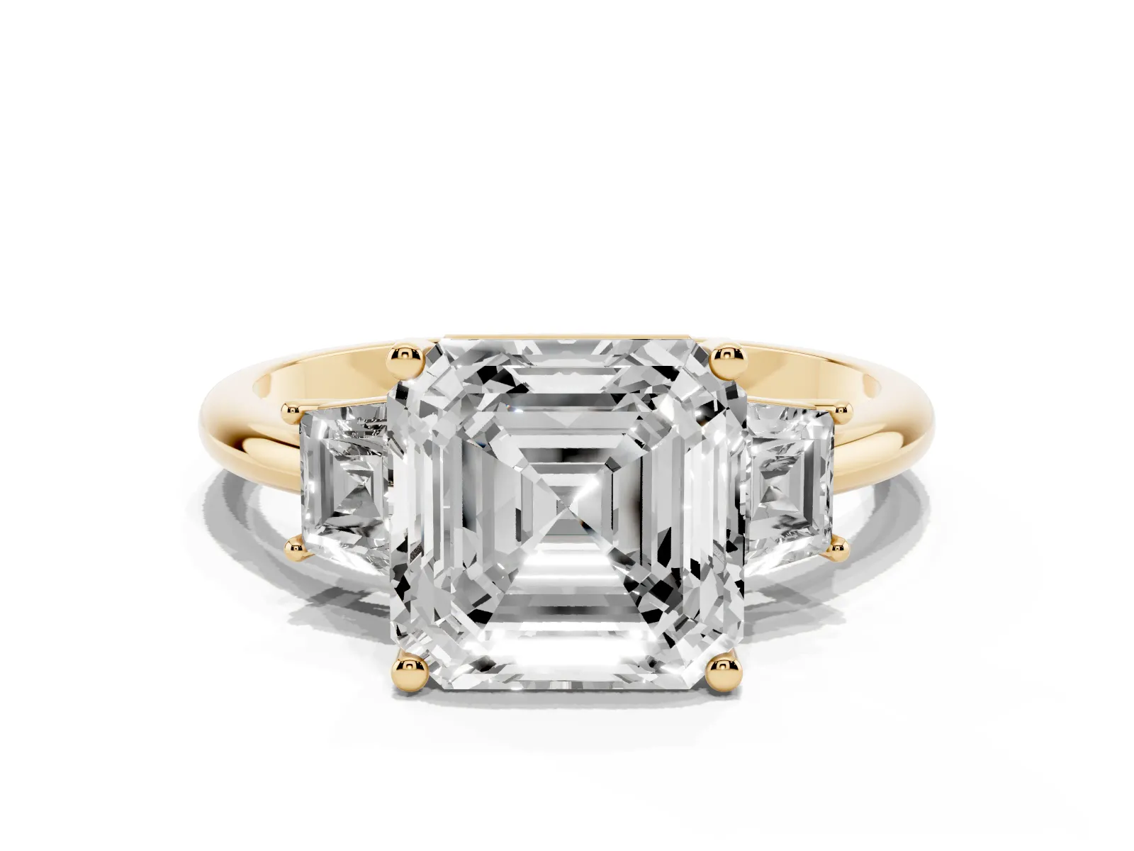 Asscher Cut Diamond Three-Stone Ring with Trapezoid Side Stones and Prong Setting Yellow gold