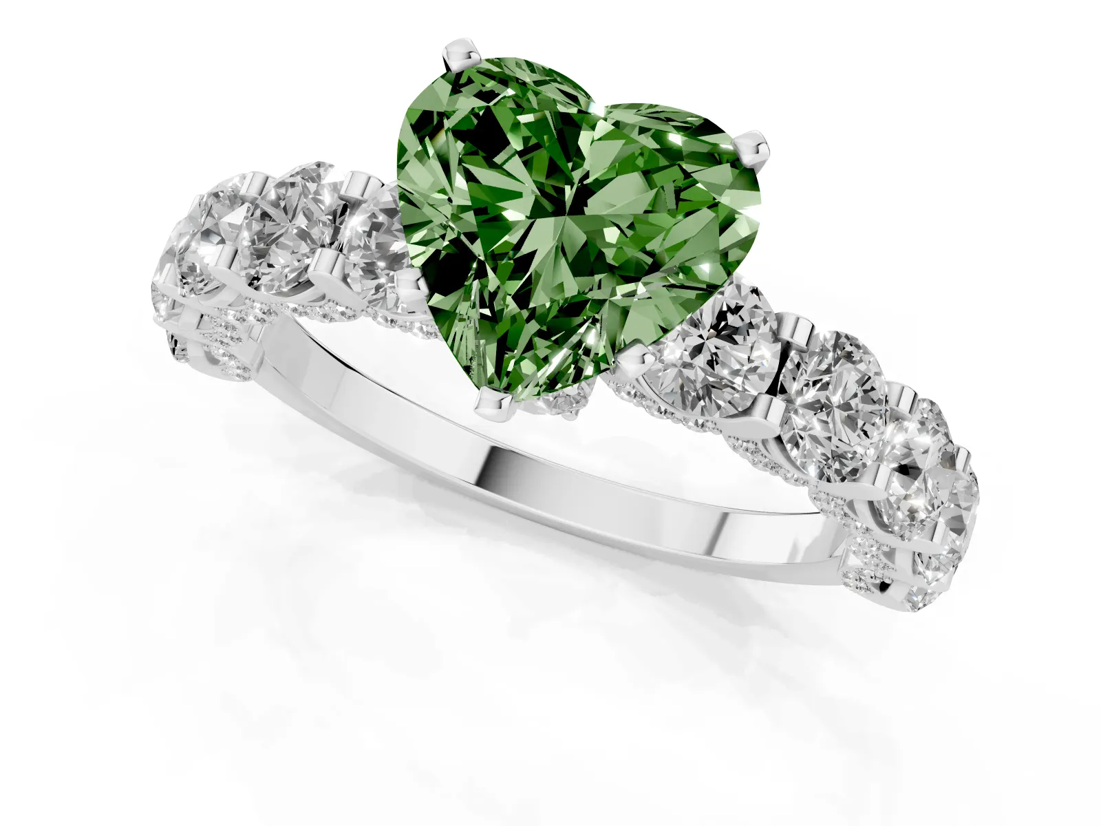 Fancy Green Heart Cut Diamond Side Stone Engagement Ring with Four-Prong Setting Platinum