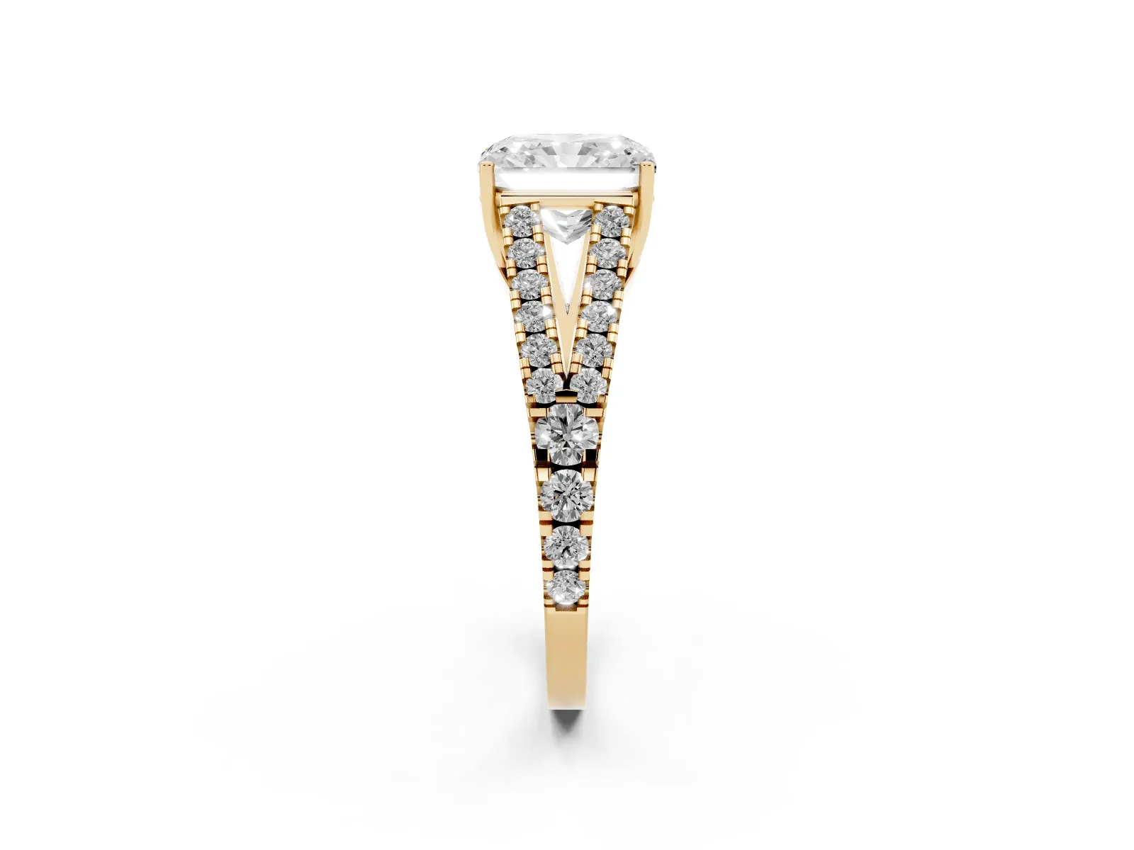 Radiant Cut Diamond Split Shank Engagement Ring with Round Pavé and Prong Setting Yellow gold