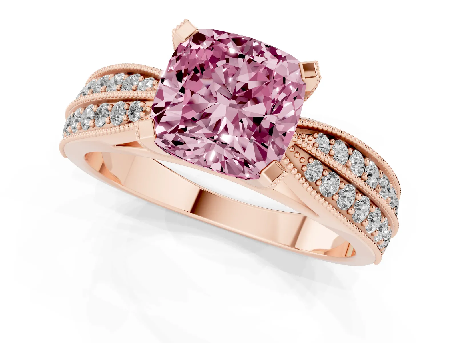 Fancy Pink Cushion Cut Diamond Solitaire Ring with Milgrain Round Pavé Band and Prong Setting Rose gold