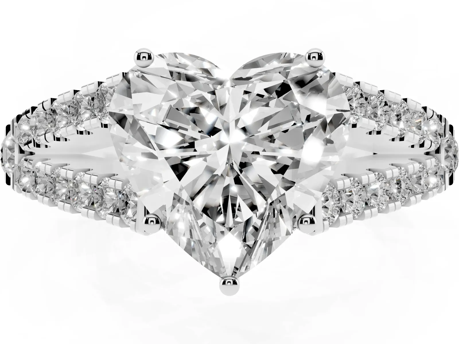 Heart Cut Diamond Split Shank Engagement Ring with Round Pavé and Prong Setting White gold