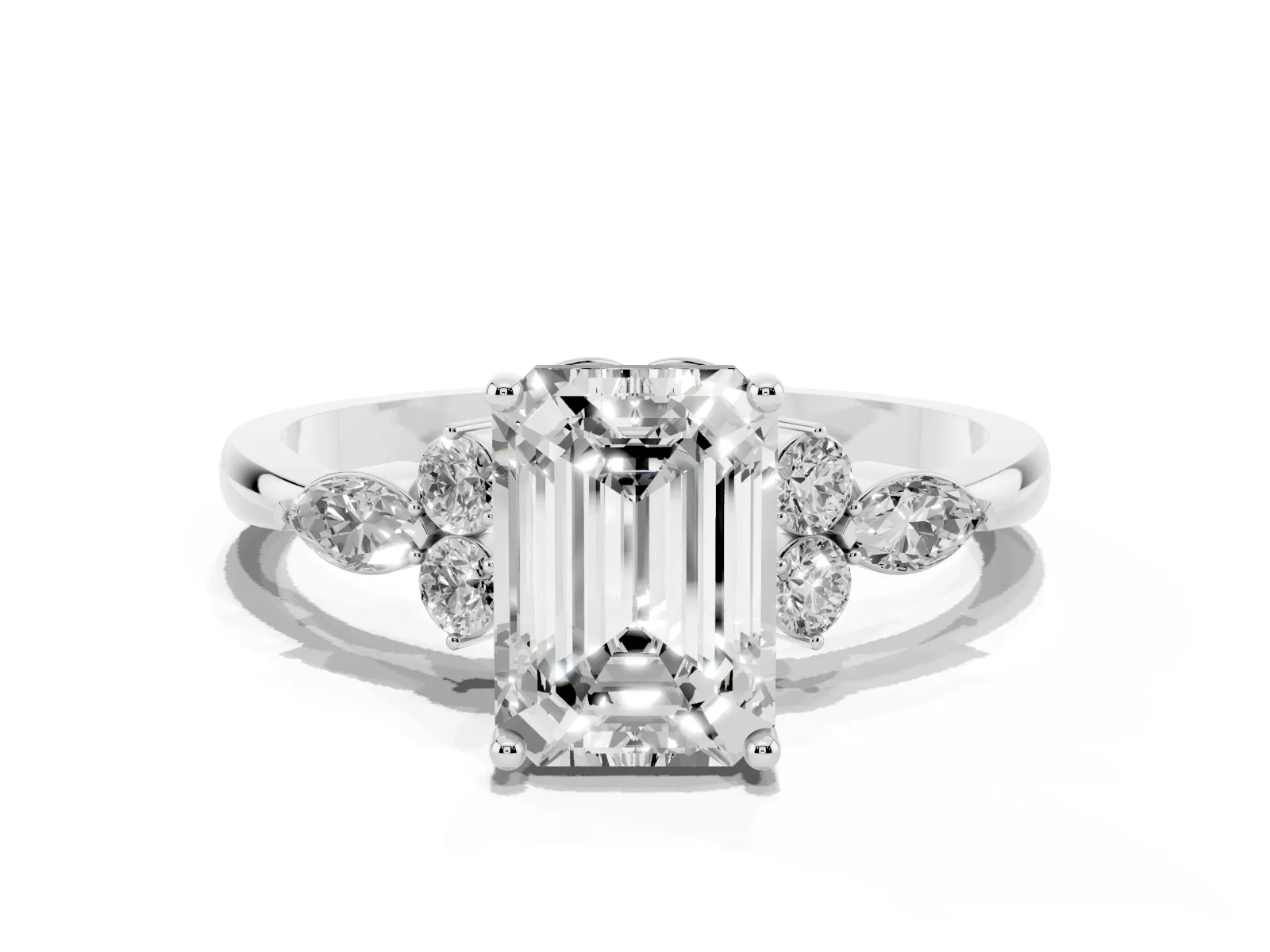 Emerald Cut Brilliant Diamond Solitaire Ring with Pear Side Stones and Four-Prong Setting Platinum