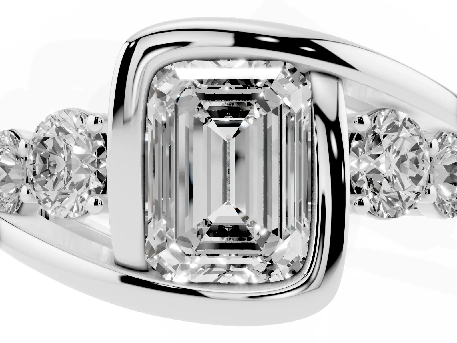 Bezel Set Emerald Cut Diamond Bypass Ring with Round Accents Platinum