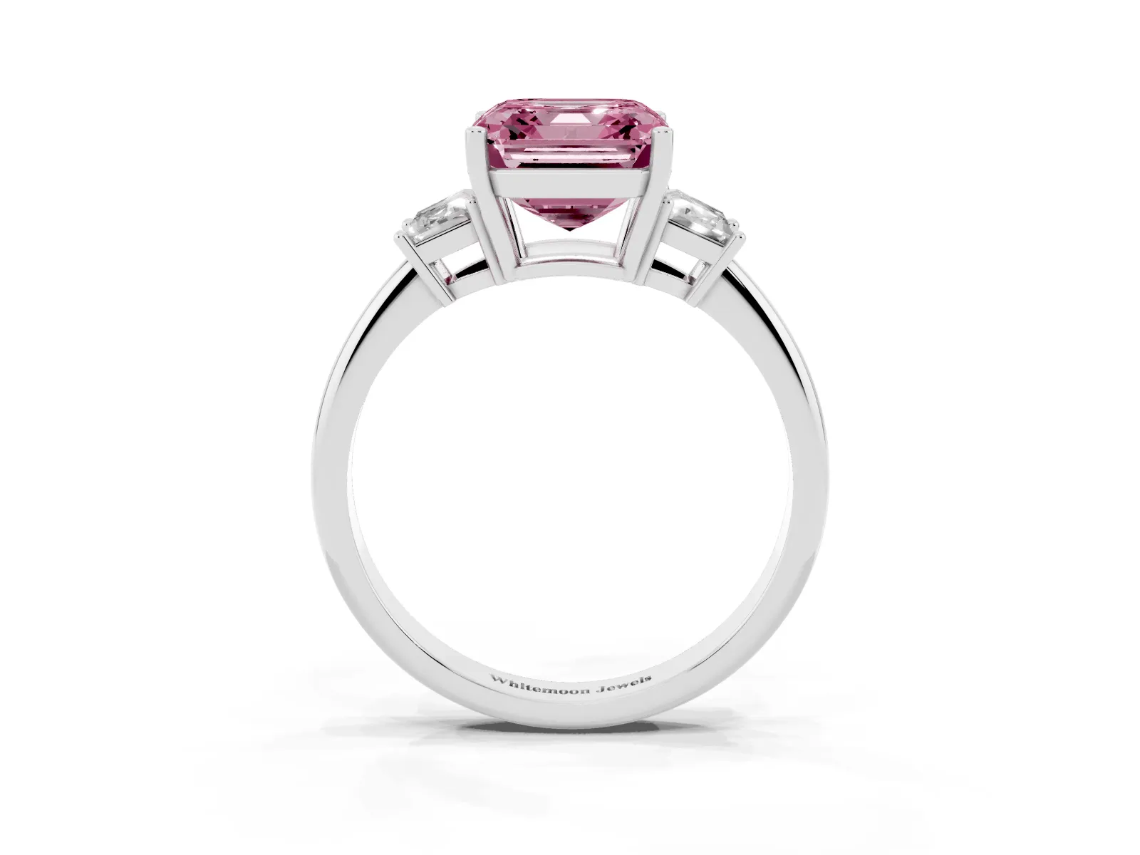 Fancy Pink Asscher Cut Diamond Three-Stone Ring with Trapezoid Side Stones and Prong Setting White gold