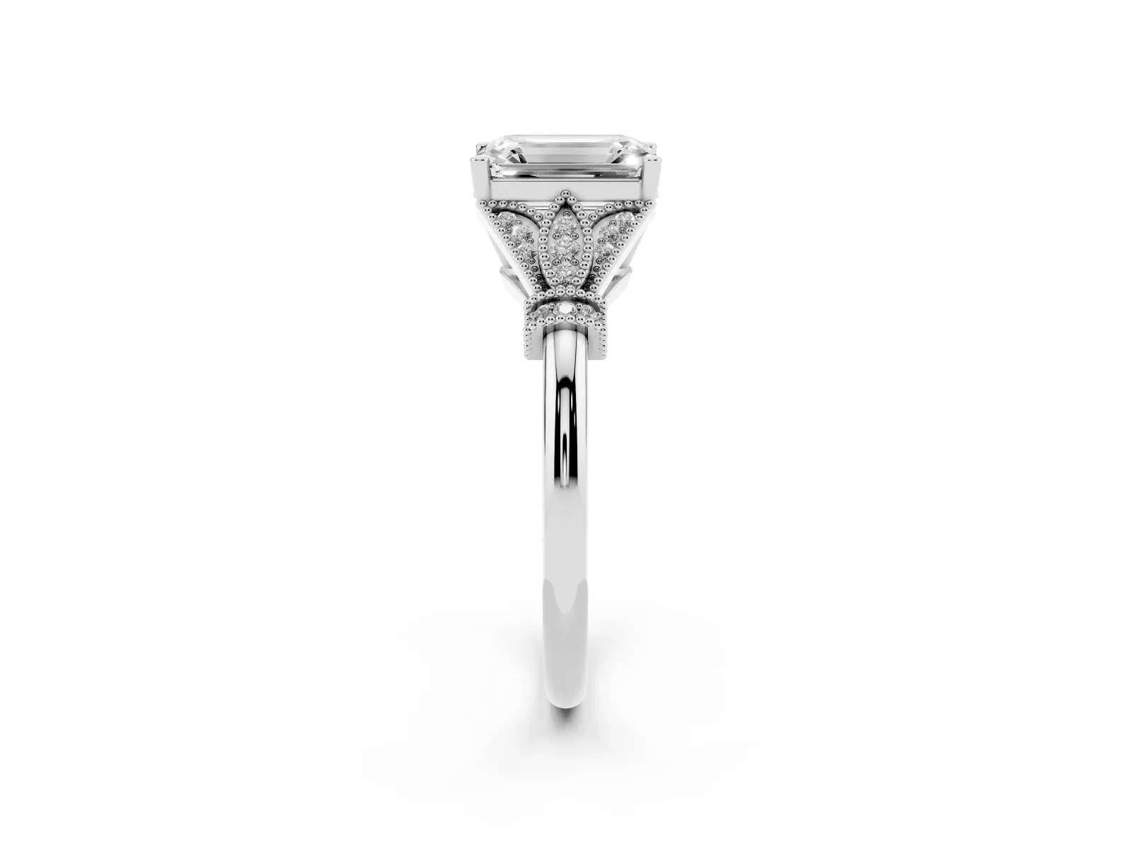 Emerald Cut Diamond Solitaire Ring with Floral Filigree and Pave Accents Platinum