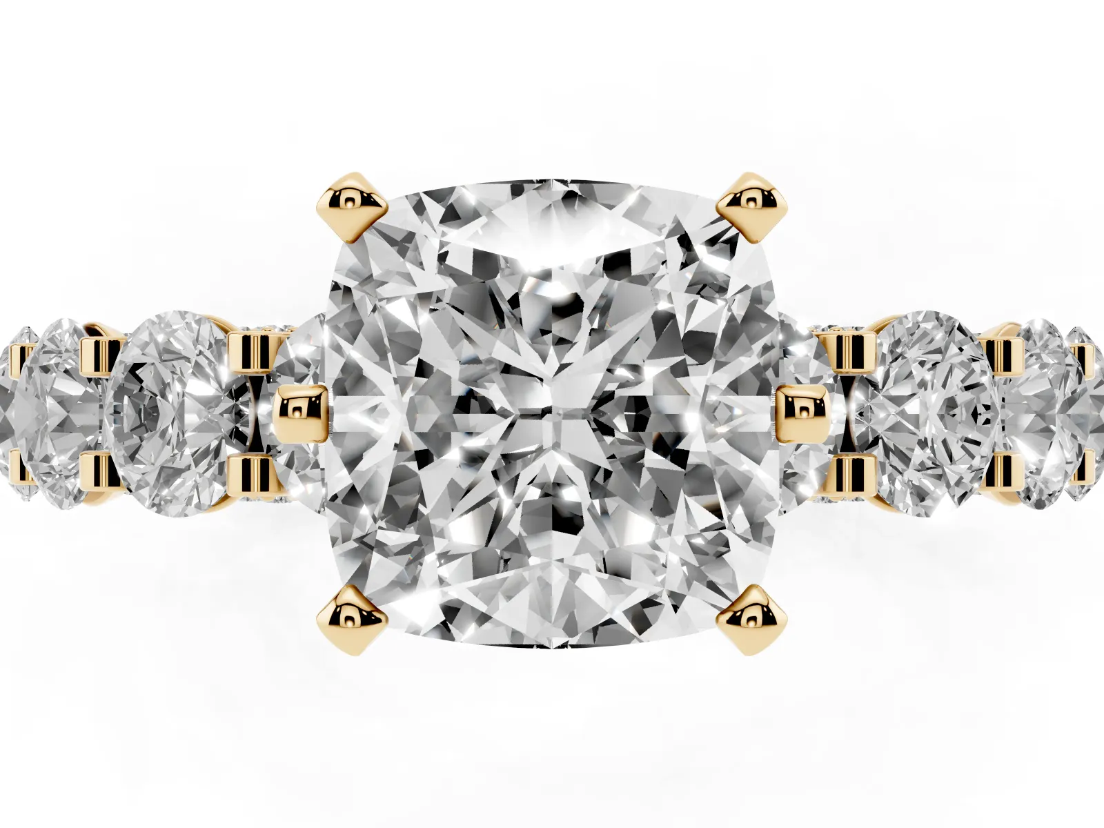 Cushion Cut Diamond Side Stone Engagement Ring with Four-Prong Setting Yellow gold