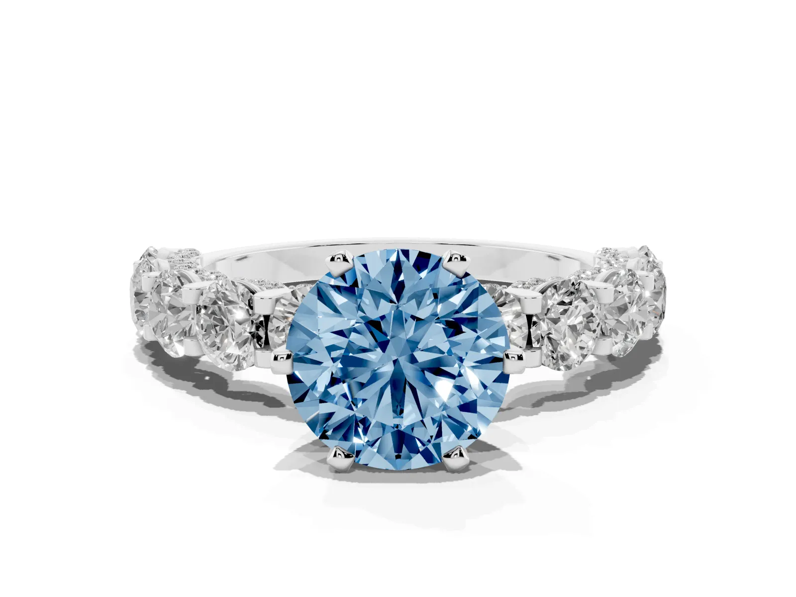 Fancy Blue Round Cut Diamond Side Stone Engagement Ring with Four-Prong Setting Platinum