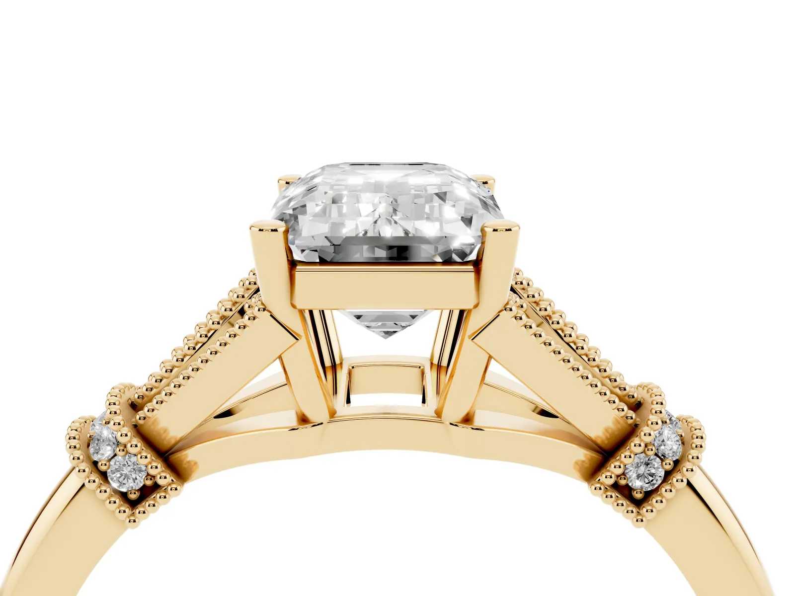 Emerald Cut Diamond Solitaire Ring with Floral Filigree and Pave Accents Yellow gold