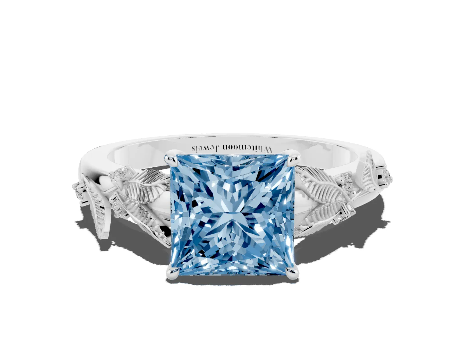 Fancy Blue Princess Cut Diamond Solitaire Ring with Leaf Motif Band and Four-Prong Setting Platinum