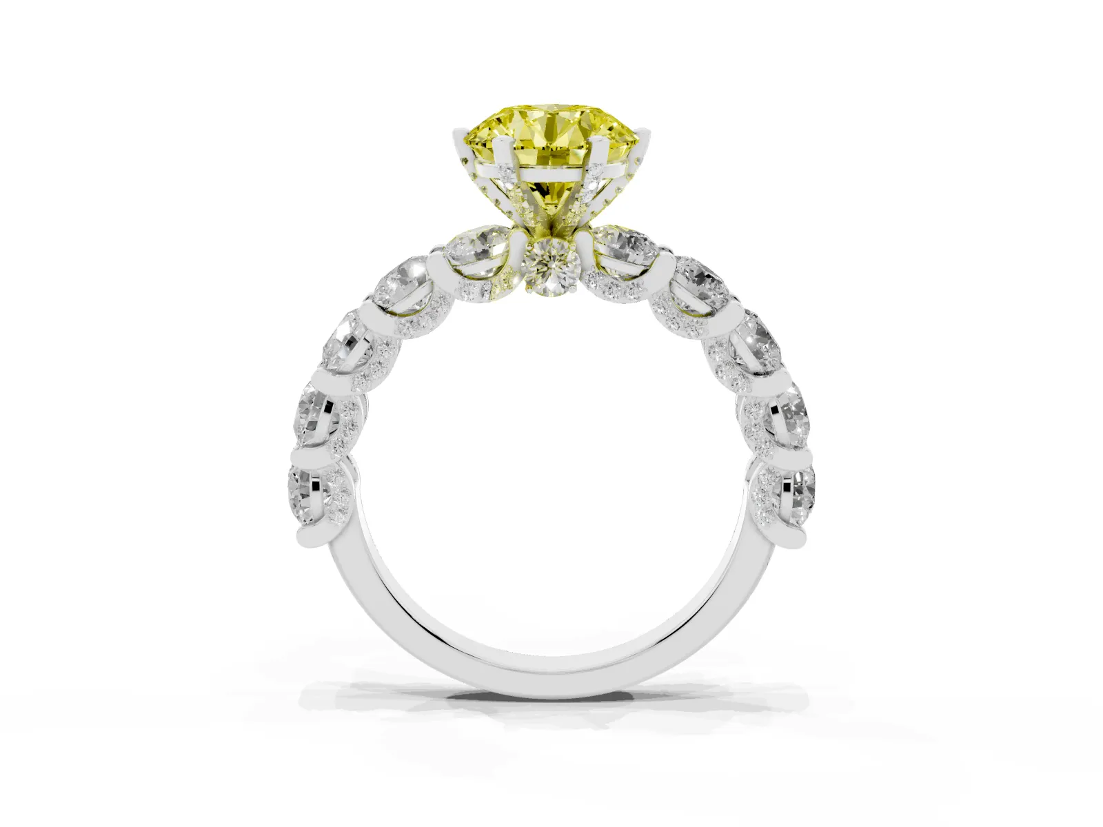 Fancy Yellow Round Cut Diamond Side Stone Engagement Ring with Four-Prong Setting White gold