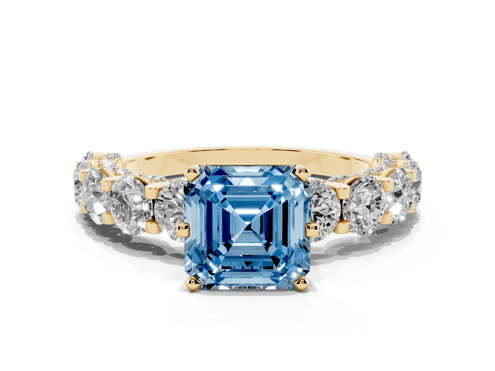 Fancy Blue Asscher Cut Diamond Side Stone Engagement Ring with Four-Prong Setting Yellow gold