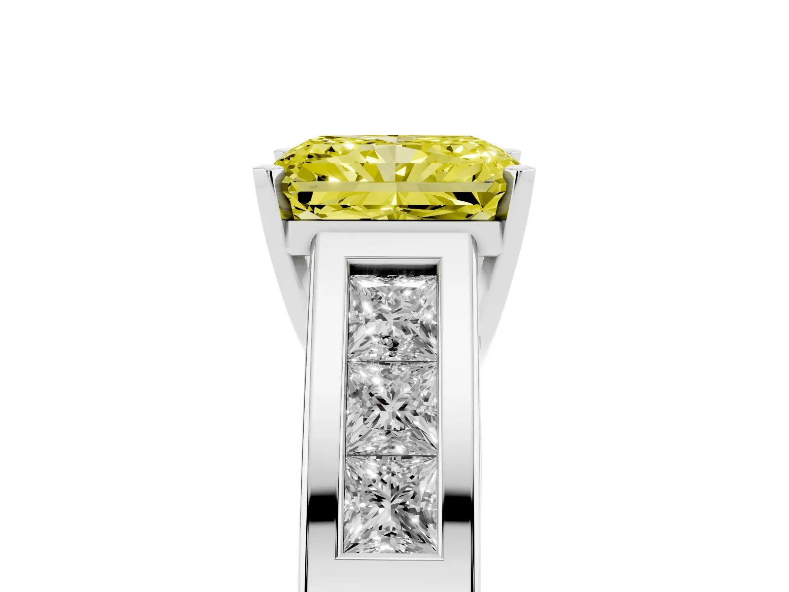 Fancy Yellow Radiant Cut Cut Channel Set Solitaire Ring with Four-Prong Setting Platinum