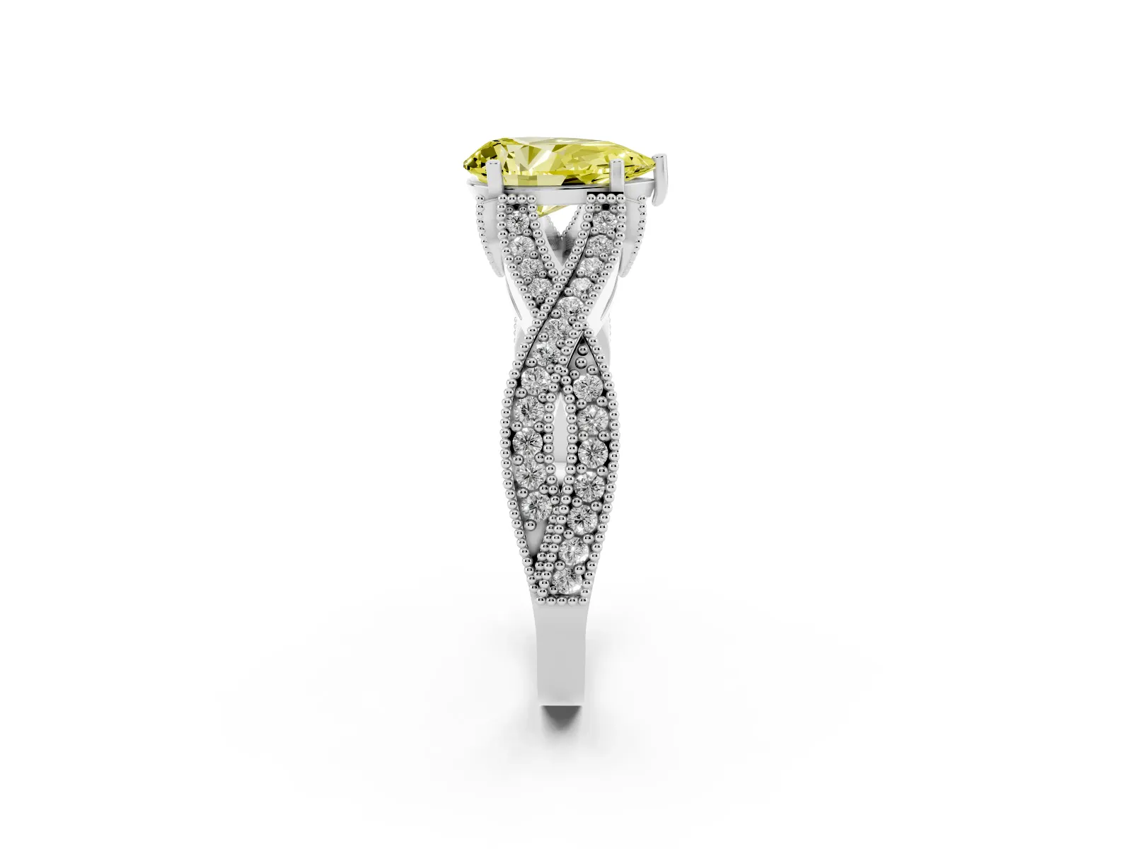 Fancy Yellow Pear Cut Cut Diamond Twisted Band with Milgrain Pave Setting and Four-Prong Setting Platinum
