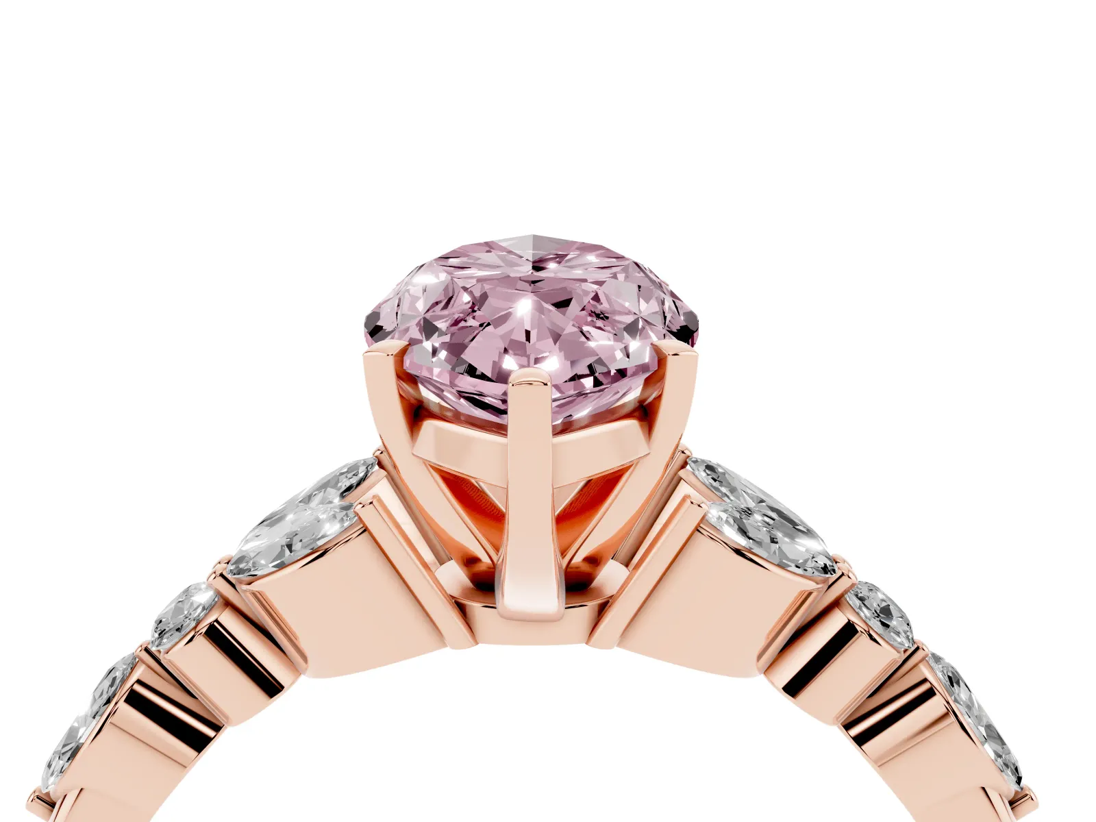 Fancy Pink Marquise Cut Diamond Solitaire Ring with Side Stones and Four-Prong Setting Rose gold