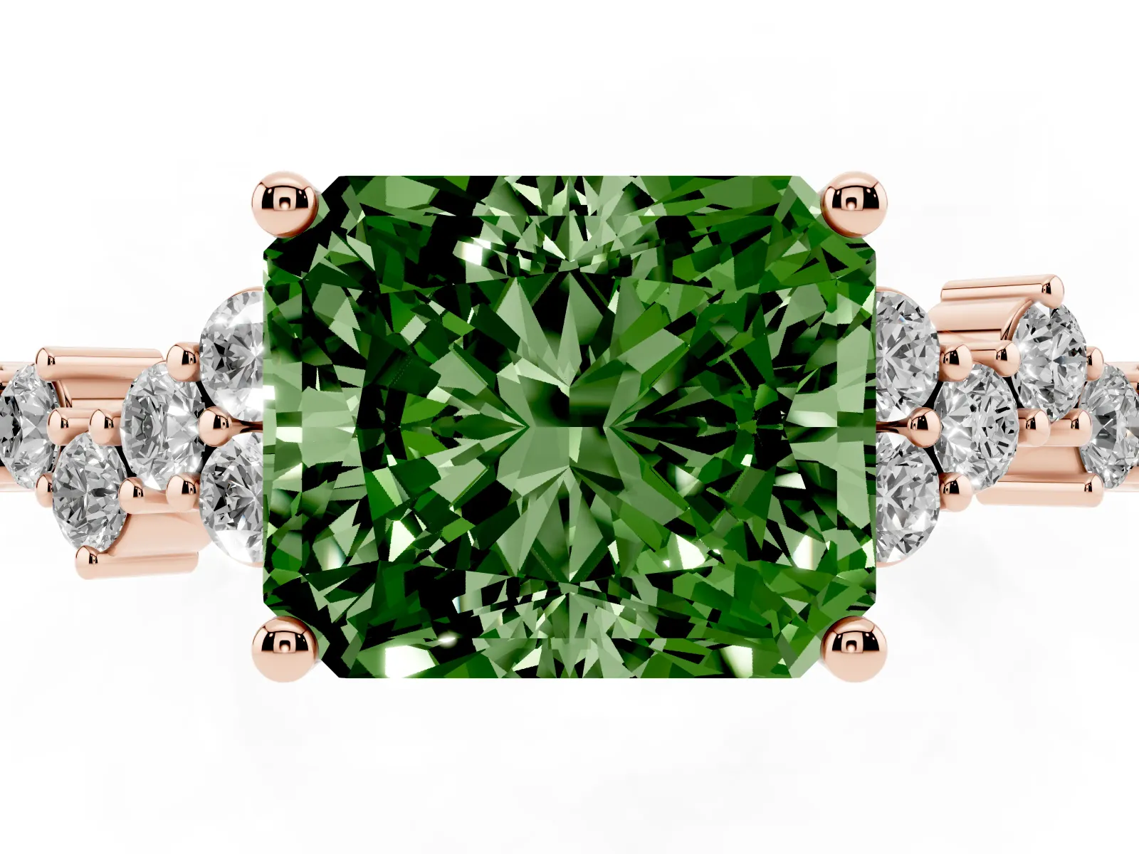 Fancy Green Radiant Cut Diamond Scattered Round Accent Ring with Prong Setting Rose gold