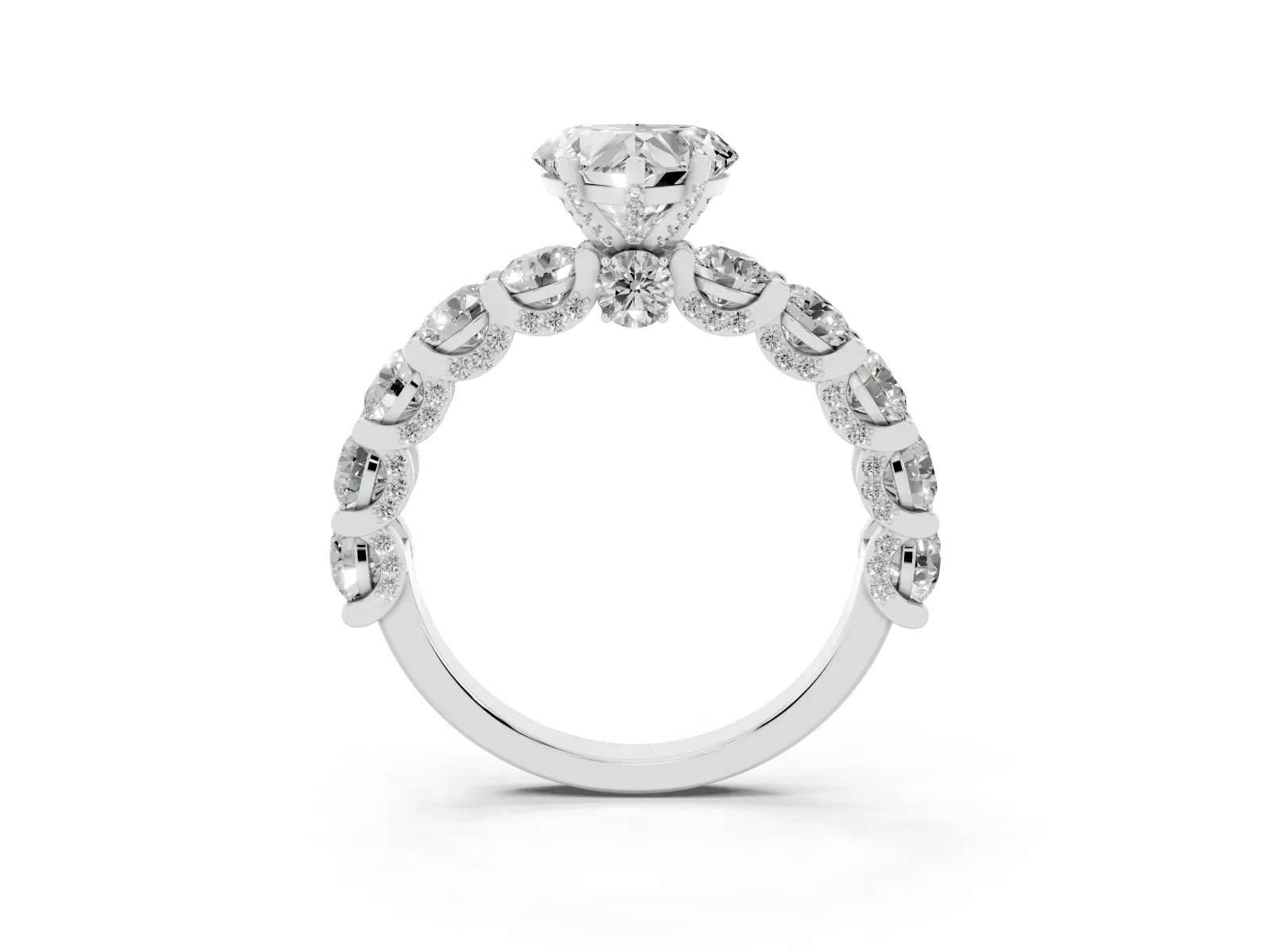Heart Cut Diamond Side Stone Engagement Ring with Four-Prong Setting Silver