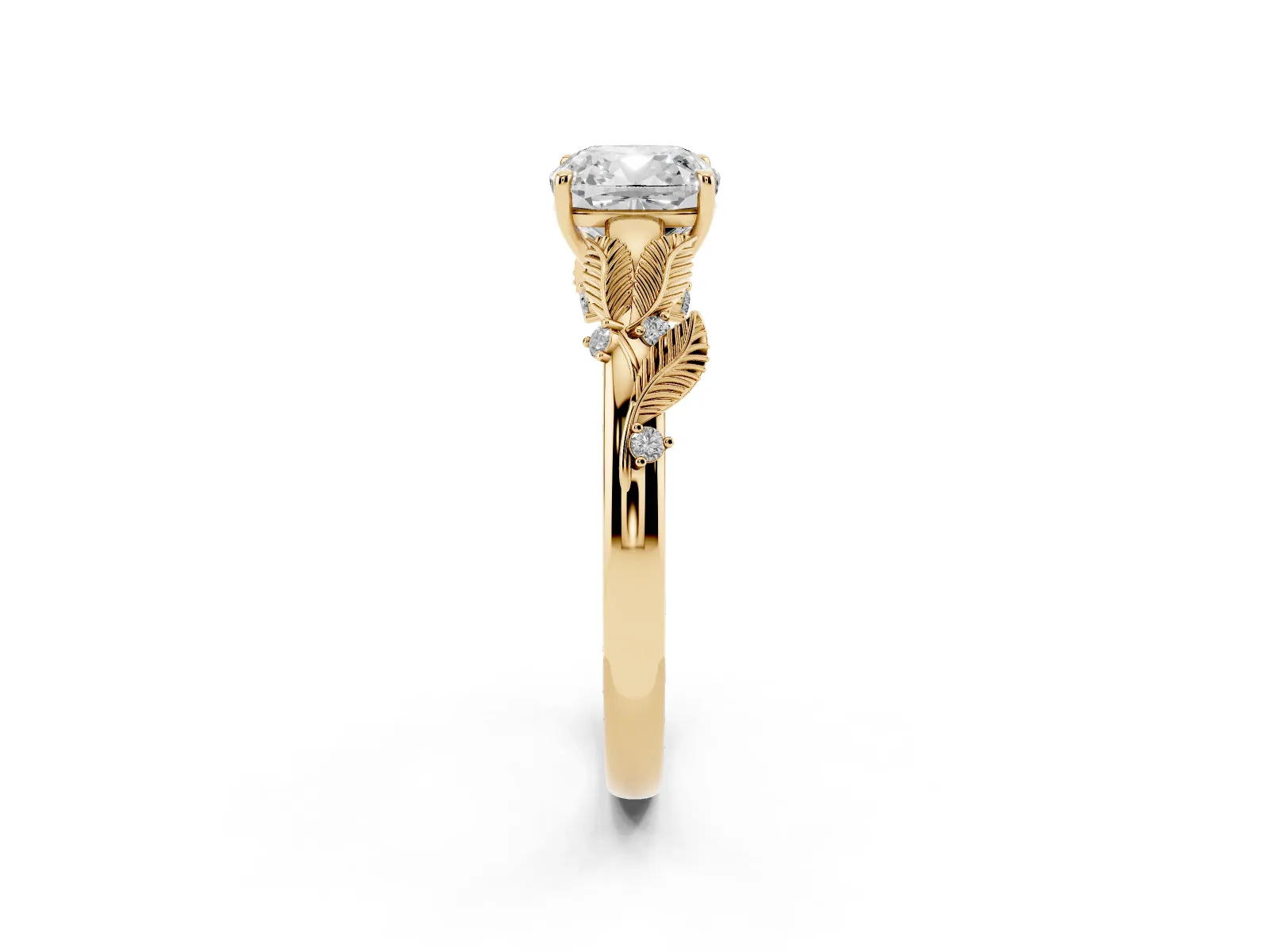 Cushion Cut Diamond Solitaire Ring with Leaf Motif Band and Four-Prong Setting Yellow gold