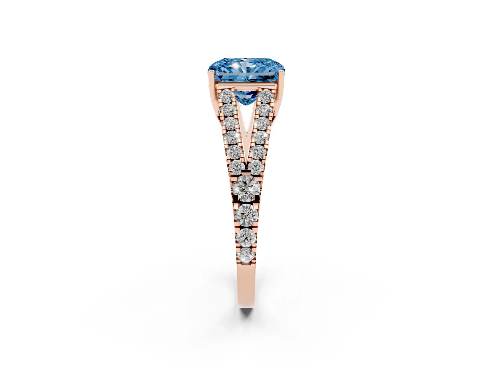 Fancy Blue Radiant Cut Diamond Split Shank Engagement Ring with Round Pavé and Prong Setting Rose gold