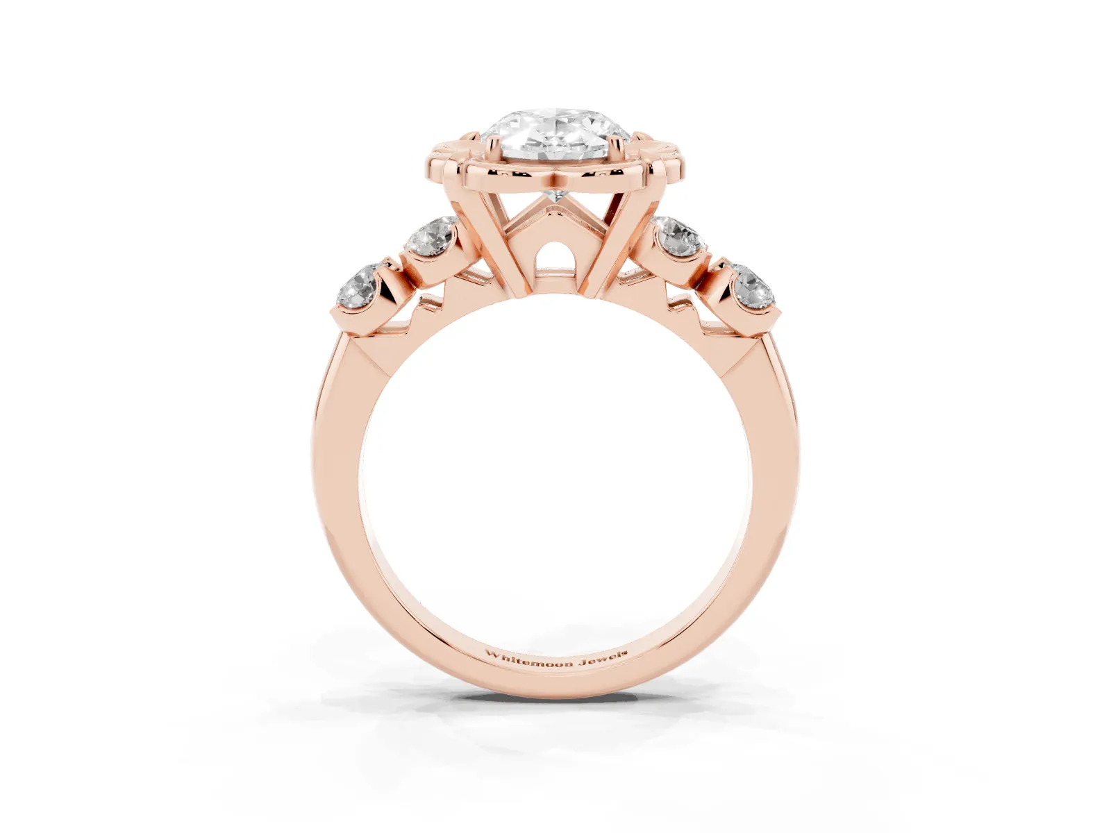 Oval Cut Cut Diamond Floral Halo Engagement Ring with Shared Prong Setting Rose gold