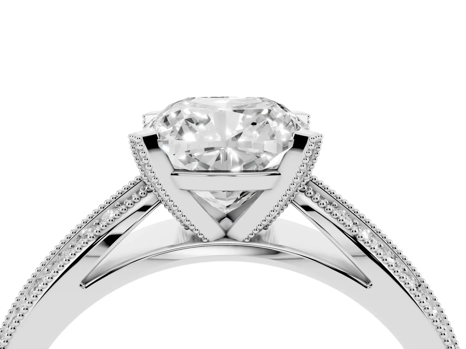 Cushion Cut Diamond Solitaire Ring with Milgrain Round Pavé Band and Prong Setting Platinum