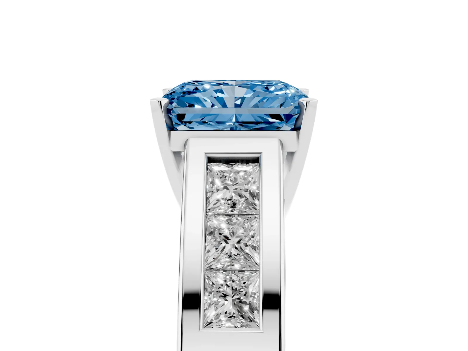 Fancy Blue Radiant Cut Cut Channel Set Solitaire Ring with Four-Prong Setting Platinum