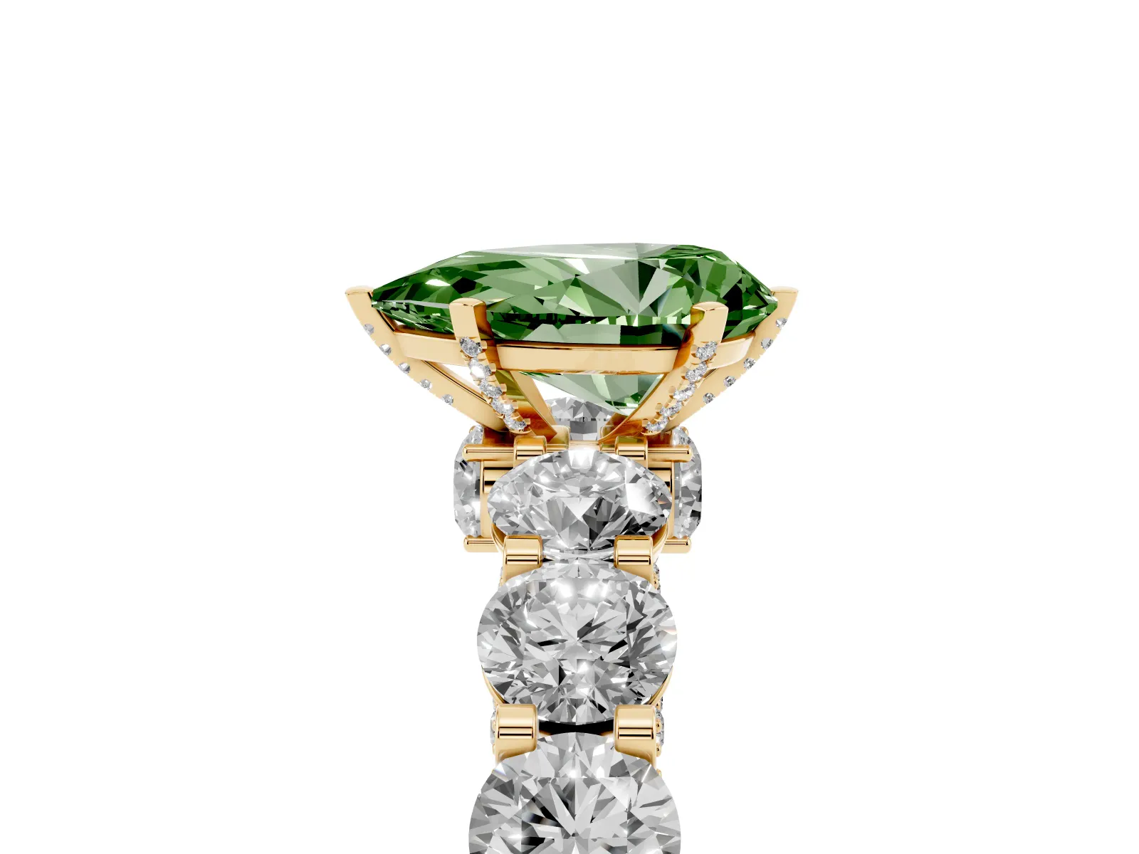 Fancy Green Pear Cut Diamond Side Stone Engagement Ring with Four-Prong Setting Yellow gold