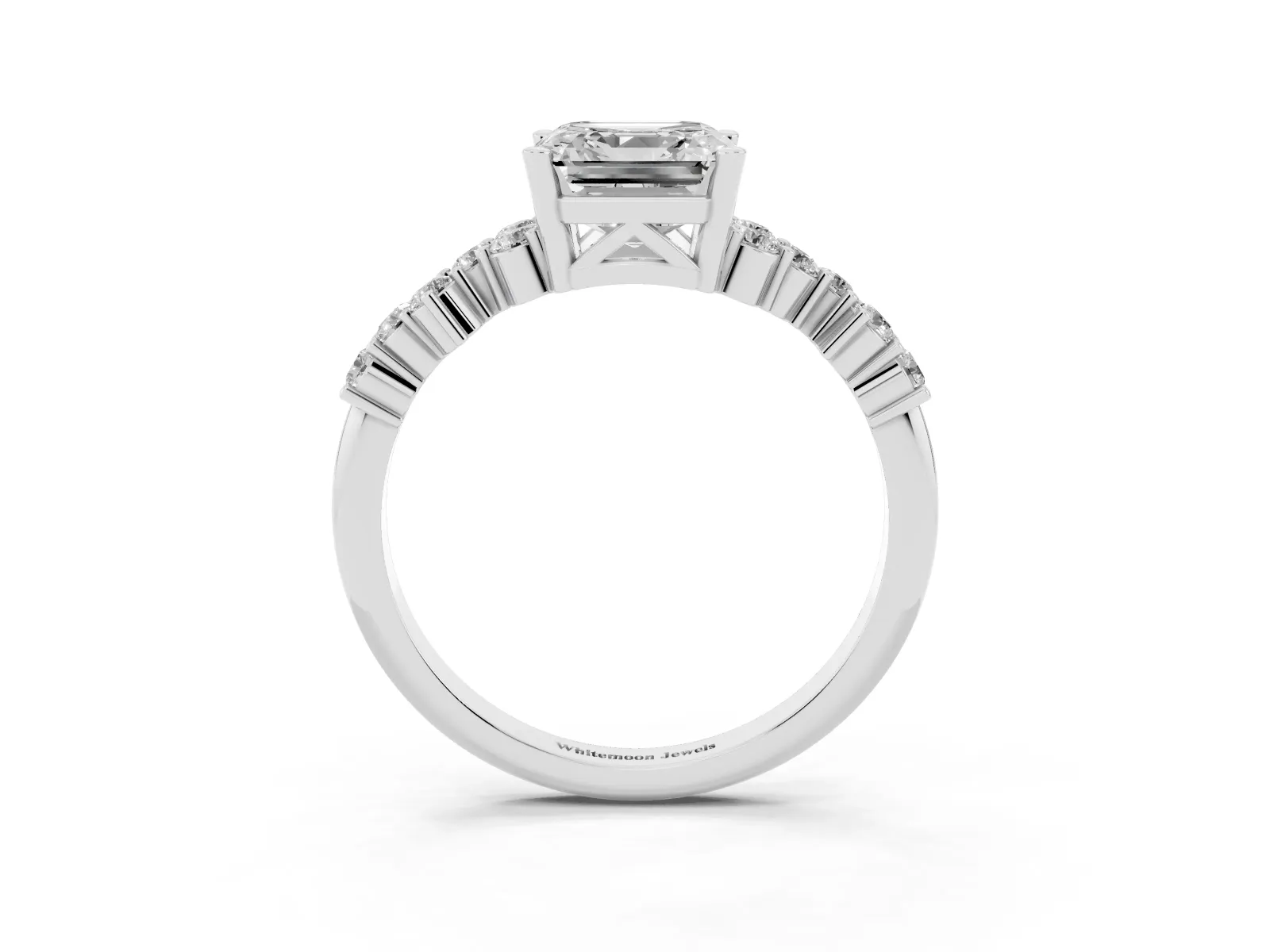 Asscher Cut Diamond Scattered Round Accent Ring with Prong Setting Silver