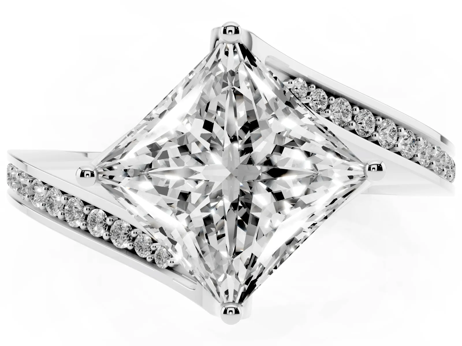 Princess Cut Solitaire Diamond Twist Band with Pavé Setting and Four-Prong Setting Platinum