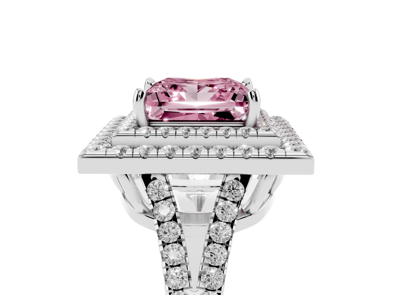Fancy Pink Princess Cut Diamond Double Halo Ring with Pavé Band and Prong Setting Platinum