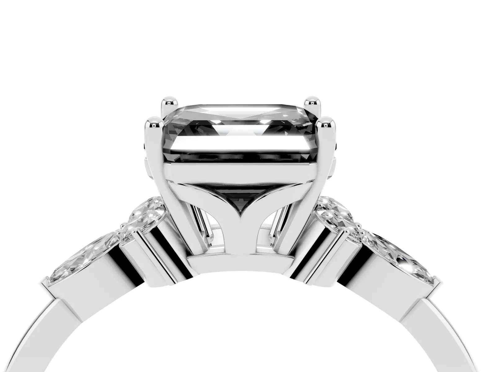 Fancy Black Asscher Cut Brilliant Diamond Solitaire Ring with Pear Side Stones and Four-Prong Setting Platinum